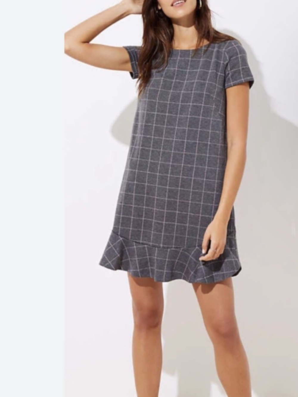 LOFT Short Sleeve Gray Grid Plaid Drop Ruffle Hem Academia Dress Size 8